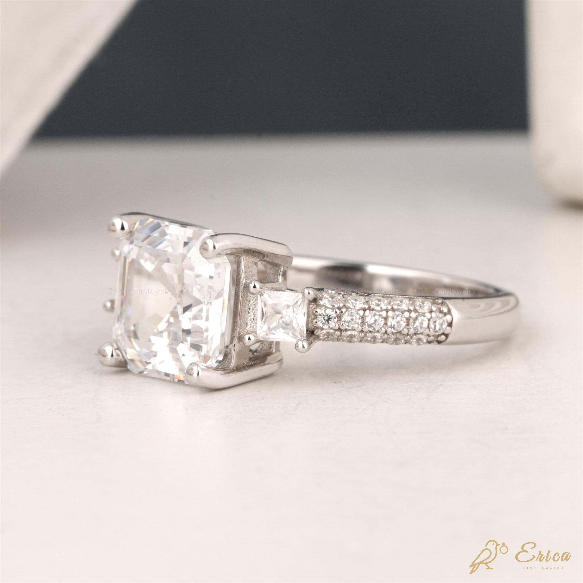 The Genevieve - Three-Stone Radiant Side & Pavé Asscher Cut