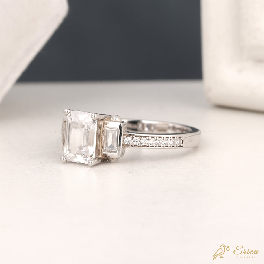 The Vivienne - Three-Stone Baguette & Pavé Emerald Cut