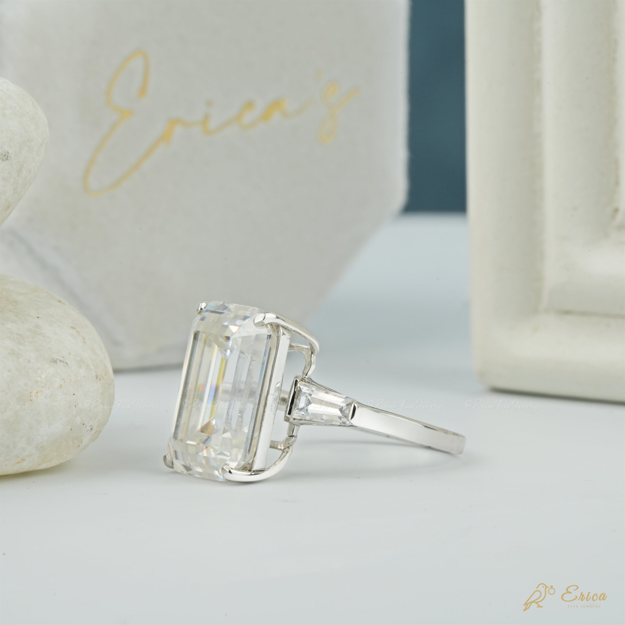 The Gatsby - Emerald Three Stone with Baguettes