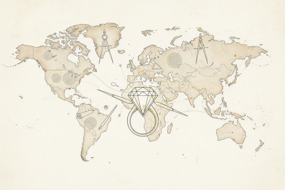 Abstract world map subtly formed from flowing lines and jewelry tools, converging toward a central ring design.

Elegant editorial illustration for a luxury fine jewelry brand. 
Refined hand-drawn linework with controlled, delicate strokes. 
Soft muted color palette using warm neutrals, stone, ivory, soft graphite, and subtle gold accents. 
Subtle watercolor or ink-wash texture, matte finish, no gloss. 
Minimal background with generous negative space. 
Emotionally expressive but restrained, poetic and timel