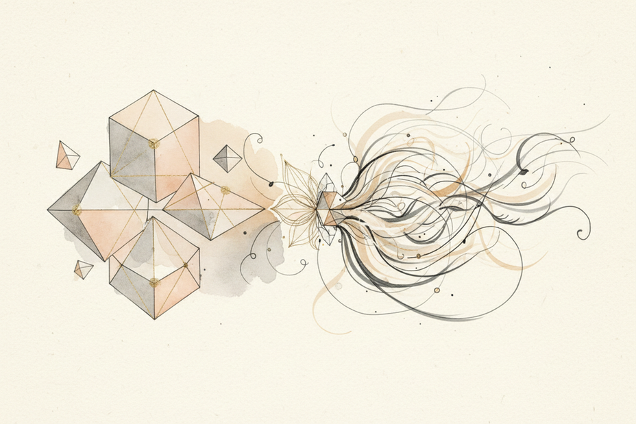 Conceptual composition of precise geometric shapes gently merging with freehand flowing sketch lines, symbolizing precision meeting imagination, calm and balanced.

Elegant editorial illustration for a luxury fine jewelry brand. 
Refined hand-drawn linework with controlled, delicate strokes. 
Soft muted color palette using warm neutrals, stone, ivory, soft graphite, and subtle gold accents. 
Subtle watercolor or ink-wash texture, matte finish, no gloss. 
Minimal background with generous negative space. 
Emo