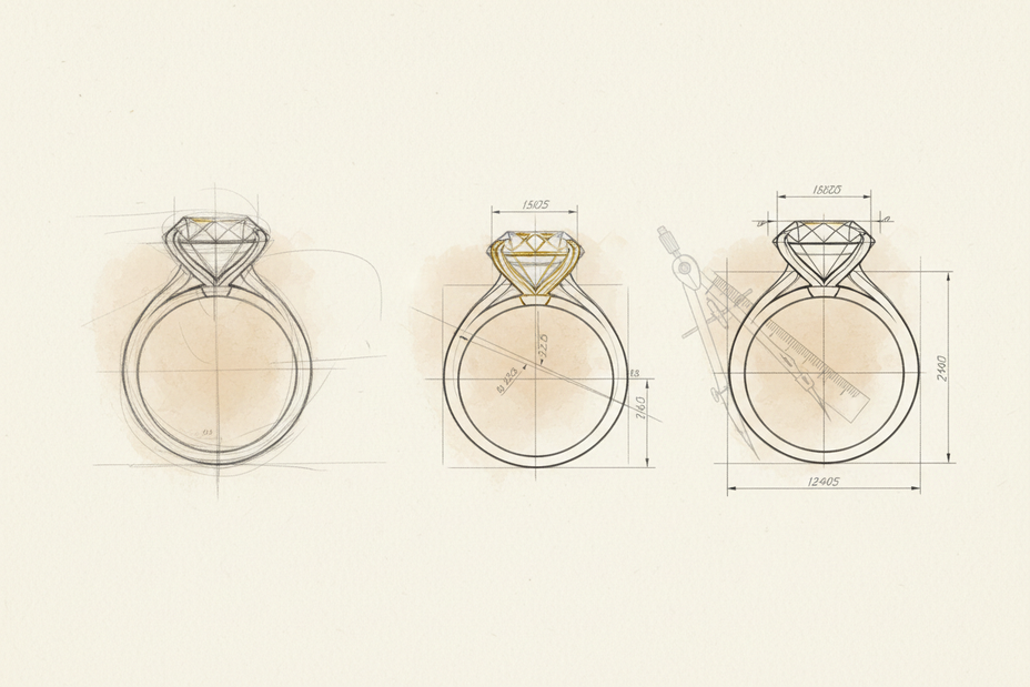 Illustrated transition where a hand-drawn ring sketch gradually evolves into a precise technical outline across the image.

Elegant editorial illustration for a luxury fine jewelry brand. 
Refined hand-drawn linework with controlled, delicate strokes. 
Soft muted color palette using warm neutrals, stone, ivory, soft graphite, and subtle gold accents. 
Subtle watercolor or ink-wash texture, matte finish, no gloss. 
Minimal background with generous negative space. 
Emotionally expressive but restrained, poeti