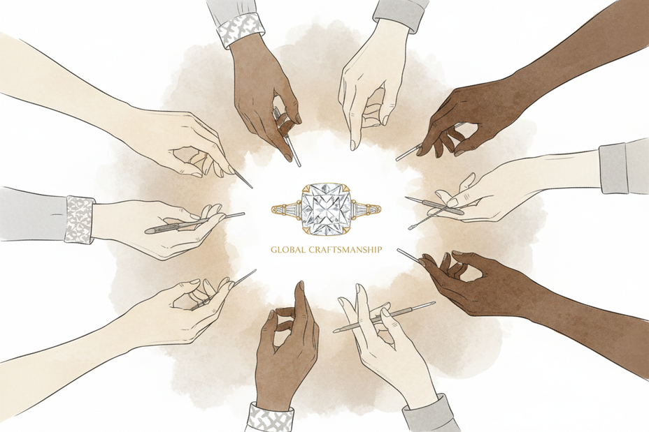 Multiple artisan hands from different directions working toward a single ring at the center, symbolizing global collaboration.

Elegant editorial illustration for a luxury fine jewelry brand. 
Refined hand-drawn linework with controlled, delicate strokes. 
Soft muted color palette using warm neutrals, stone, ivory, soft graphite, and subtle gold accents. 
Subtle watercolor or ink-wash texture, matte finish, no gloss. 
Minimal background with generous negative space. 
Emotionally expressive but restrained, p