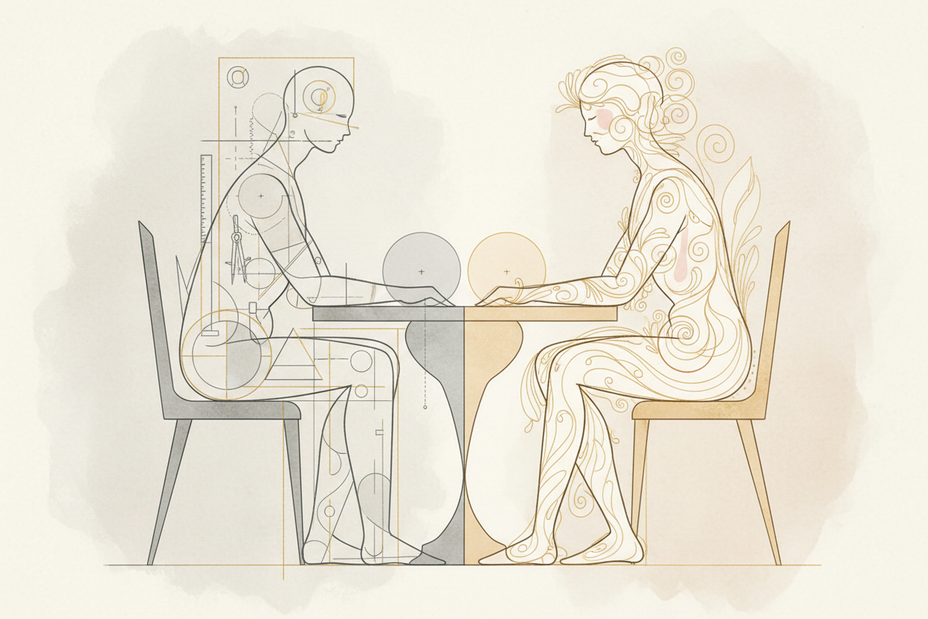 Two abstract human figures seated at a shared table, one surrounded by precise geometric lines and technical symbols, the other surrounded by flowing organic sketch lines, their forms subtly overlapping to suggest harmony between logic and creativity.

Elegant editorial illustration for a luxury fine jewelry brand. 
Refined hand-drawn linework with controlled, delicate strokes. 
Soft muted color palette using warm neutrals, stone, ivory, soft graphite, and subtle gold accents. 
Subtle watercolor or ink-wash
