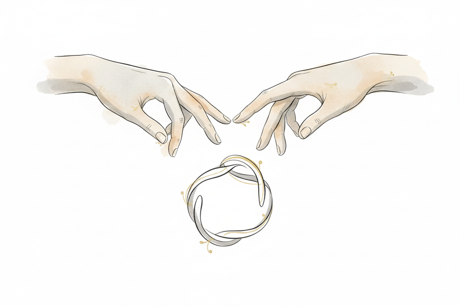 Two hands meeting gently above a ring sketch, symbolic of agreement and shared vision.

Elegant editorial illustration for a luxury fine jewelry brand. 
Refined hand-drawn linework with controlled, delicate strokes. 
Soft muted color palette using warm neutrals, stone, ivory, soft graphite, and subtle gold accents. 
Subtle watercolor or ink-wash texture, matte finish, no gloss. 
Minimal background with generous negative space. 
Emotionally expressive but restrained, poetic and timeless. 
Conceptual and symb